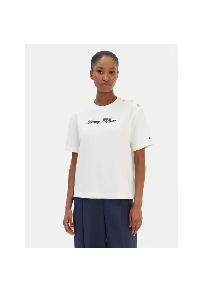 Tommy Hilfiger T-Shirt με χρυσά κουμπιά στον ώμο WW0WW47819 YBL