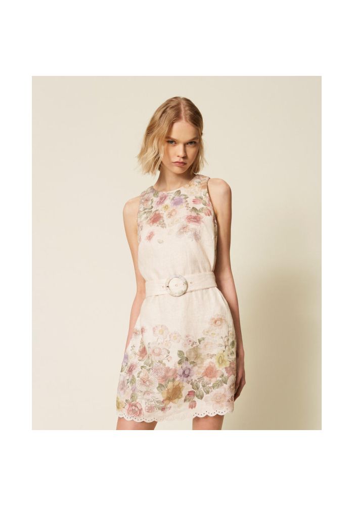 TWINSET Λινό φλοράλ κοντό φόρεμα με κέντημα 261TT2571 13588